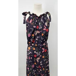 Ieena for Macdougal Navy Black Floral Tie Midi Dress Sleeveless NWT 14